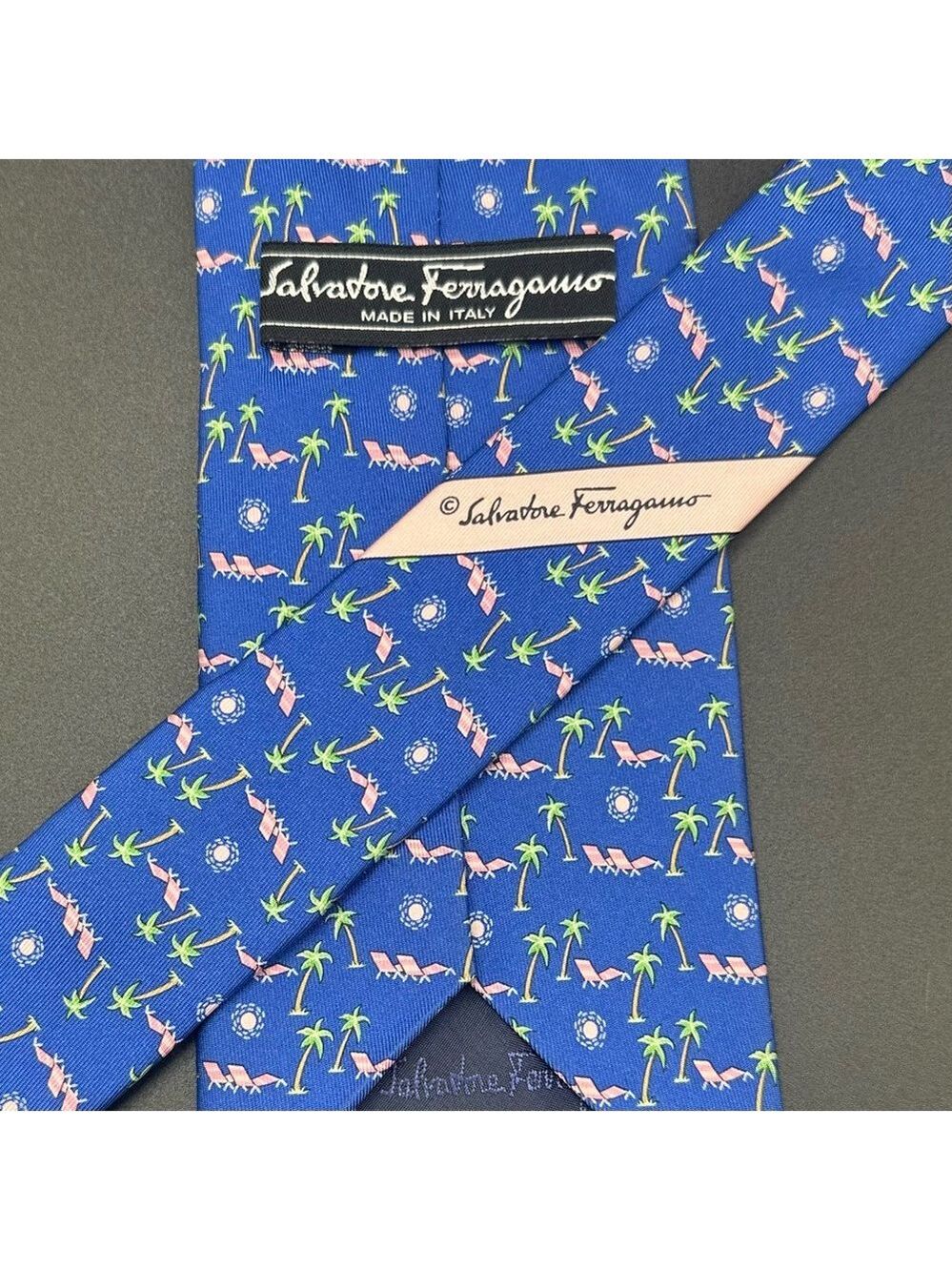 Ferragamo Silk Tie Blue Pink & Green with Palm Trees Lounge Chairs & the Sun - Picture 15 of 16